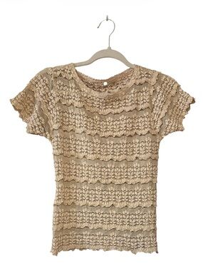 Free People One Beige Lace Short Sleeve Women's Top